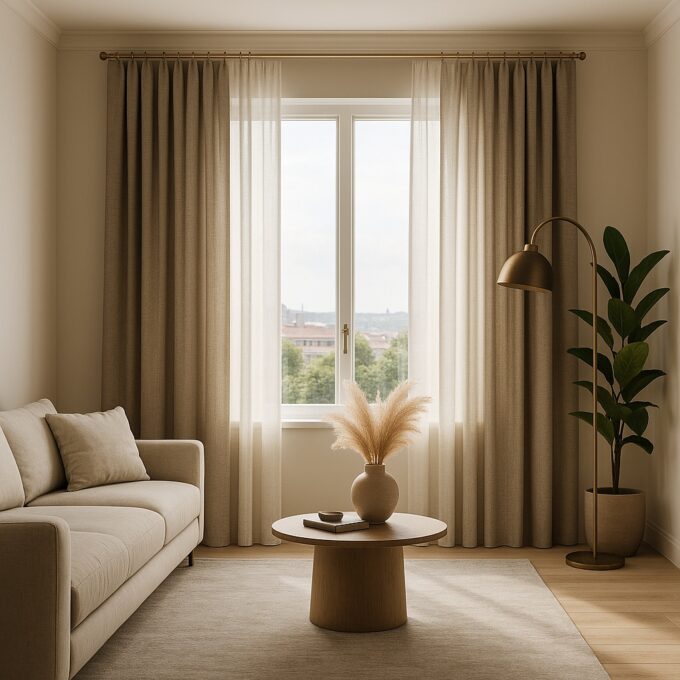 Modern living room featuring 2026 curtain trends with layered linen and sheer drapes, soft beige tones, natural light, and minimalist eco-friendly decor.