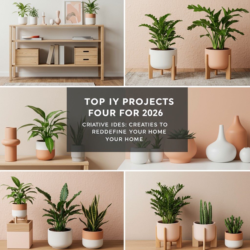 Modern DIY home decor projects for 2026 featuring indoor plants in minimalist pastel pots and wooden stands, showcasing creative and sustainable design trends.