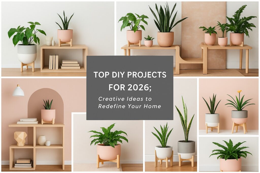 Stylish indoor plants displayed in minimalist wooden stands and pastel pots, representing modern DIY projects and sustainable home decor trends for 2026.