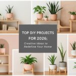 Stylish indoor plants displayed in minimalist wooden stands and pastel pots, representing modern DIY projects and sustainable home decor trends for 2026.