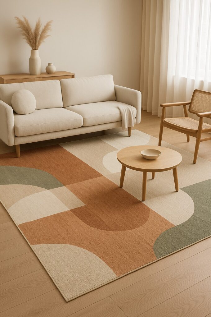 A featured image of a modern living room showcasing a large geometric rug in earthy tones of beige, terracotta, and sage green, with minimalist furniture, soft lighting, and natural wooden flooring.