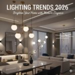 Modern living room illuminated with stylish pendant lights and LED accents, showcasing the latest lighting trends 2026 with a warm and elegant ambiance.