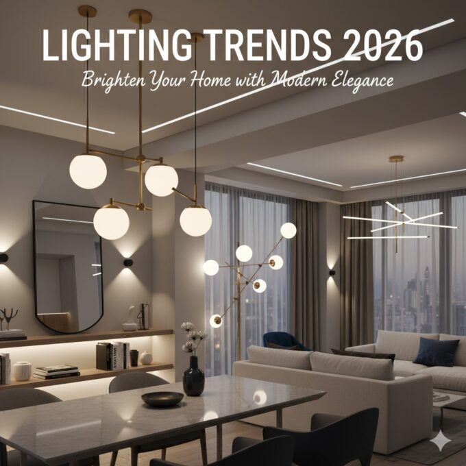Modern living room illuminated with stylish pendant lights and LED accents, showcasing the latest lighting trends 2026 with a warm and elegant ambiance.