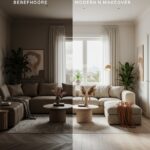 Before and after modern living room makeover showing transformation from dark tones to bright neutral colors, featuring cozy furniture, natural light, and minimalist decor – home makeover ideas 2026.