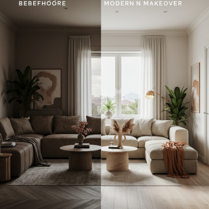 Before and after modern living room makeover showing transformation from dark tones to bright neutral colors, featuring cozy furniture, natural light, and minimalist decor – home makeover ideas 2026.