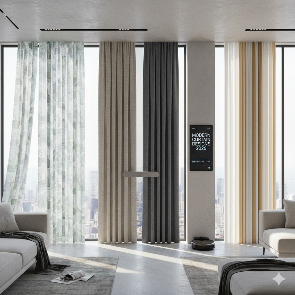 Modern curtain designs 2026 showcasing minimalist, patterned, and neutral-colored curtains in a contemporary living room with large windows and city view.