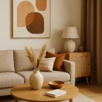 A cozy modern living room featuring beige furniture, wooden accents, abstract wall art, and natural decorative elements like pampas grass — a stylish interior design perfect for home decor inspiration.