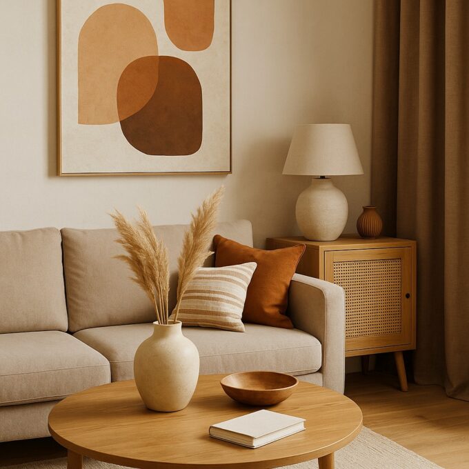 A cozy modern living room featuring beige furniture, wooden accents, abstract wall art, and natural decorative elements like pampas grass — a stylish interior design perfect for home decor inspiration.
