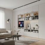 Modern minimalist living room with built-in storage cabinets, organized shelves, neutral tones, and smart lighting — showcasing stylish home organization ideas 2026.