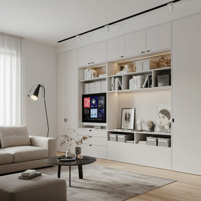 Modern minimalist living room with built-in storage cabinets, organized shelves, neutral tones, and smart lighting — showcasing stylish home organization ideas 2026.
