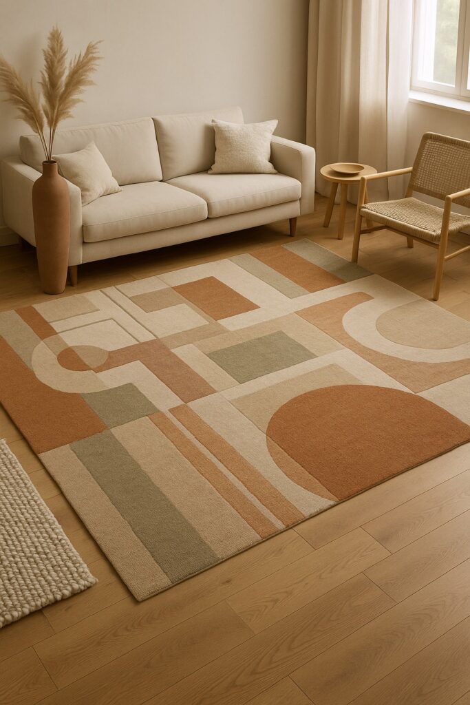 A modern living room featuring a large geometric rug in earthy tones of beige, terracotta, and sage green, complemented by minimalist furniture and soft natural lighting.