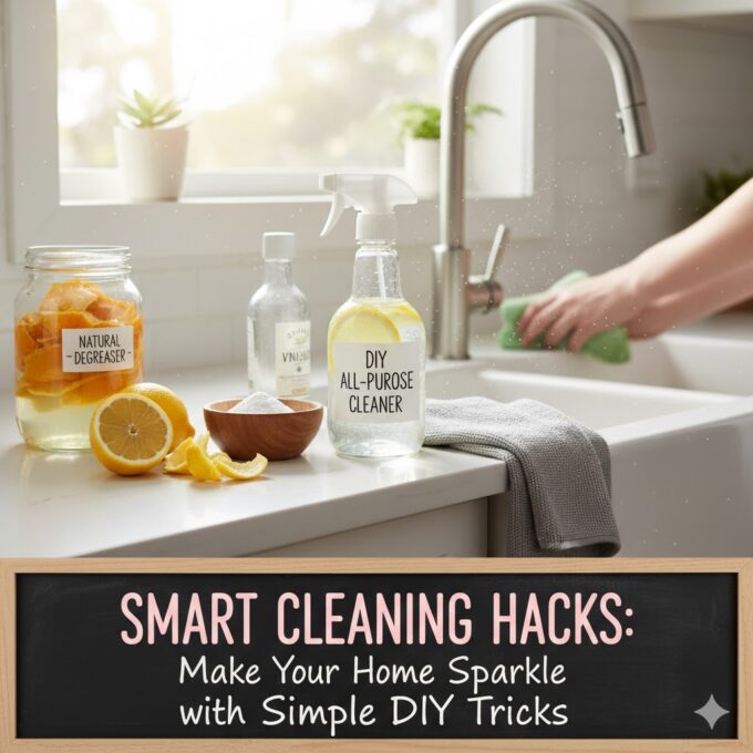 Natural cleaning ingredients including lemon, vinegar, and baking soda arranged on a kitchen counter for eco-friendly home cleaning.