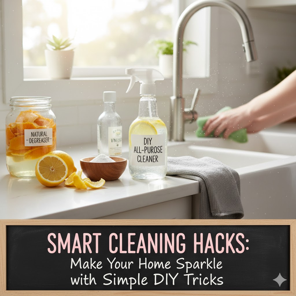 Natural cleaning ingredients including lemon, vinegar, and baking soda arranged on a kitchen counter for eco-friendly home cleaning.