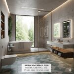 Modern bathroom design featuring natural stone tiles and warm earthy tones, inspired by bathroom trends 2026.
