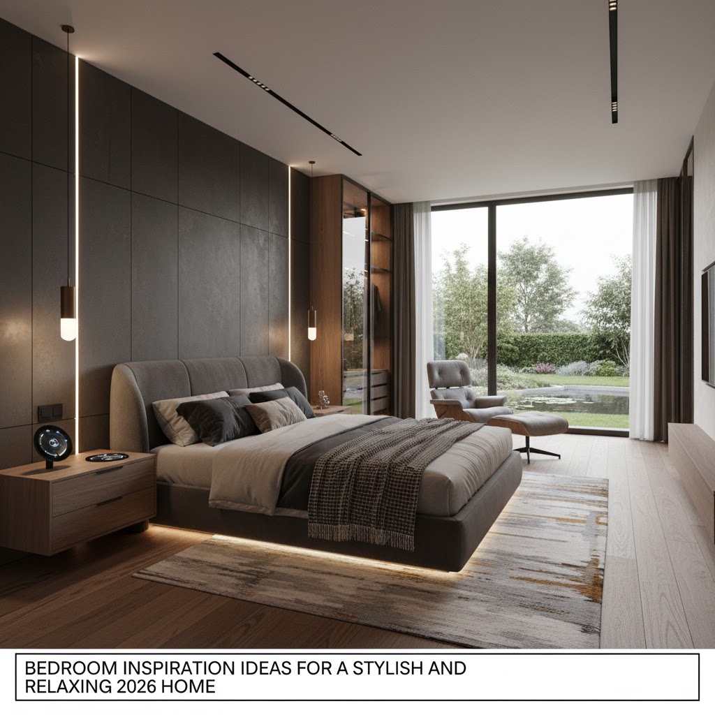 Minimalist modern bedroom with floating nightstands, built-in wardrobe, and warm ambient lighting inspired by 2026 trends.