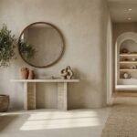 Modern entryway and hallway decor with minimalist 2026 design trends, featuring warm lighting, natural textures and functional storage.