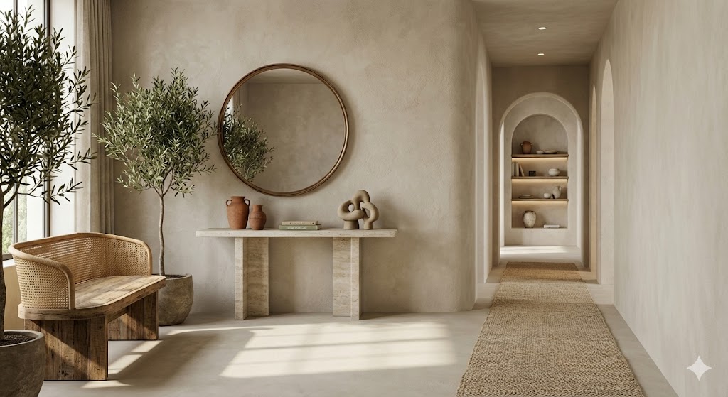 Modern entryway and hallway decor with minimalist 2026 design trends, featuring warm lighting, natural textures and functional storage.