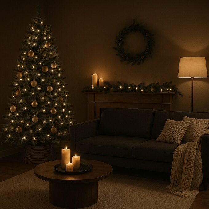 A dark-toned modern living room decorated for Christmas 2026, featuring a deep green Christmas tree with golden ornaments, warm candlelight, and a cozy gray sofa creating a luxurious and elegant festive atmosphere.