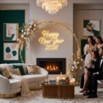 Modern New Year 2026 home decoration with minimal luxury details, soft textiles, and warm ambient lighting.
