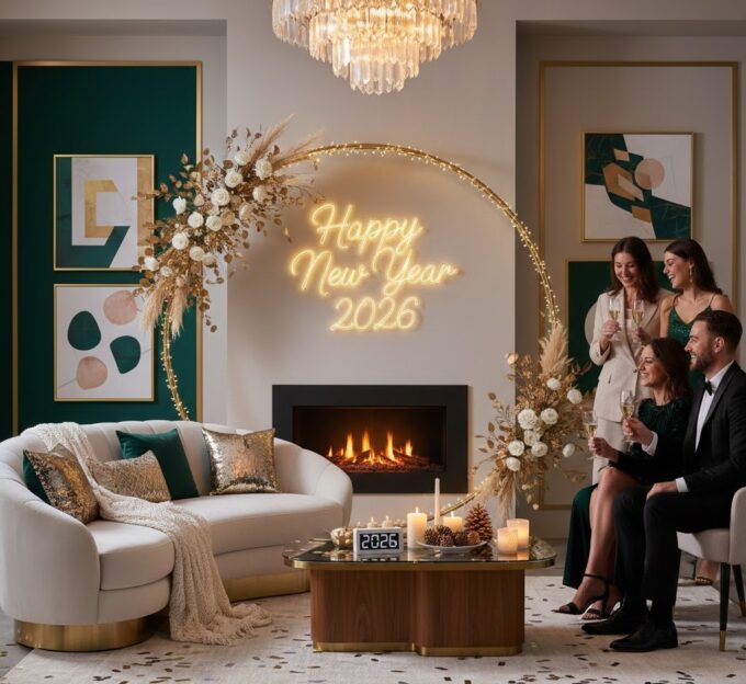 Modern New Year 2026 home decoration with minimal luxury details, soft textiles, and warm ambient lighting.