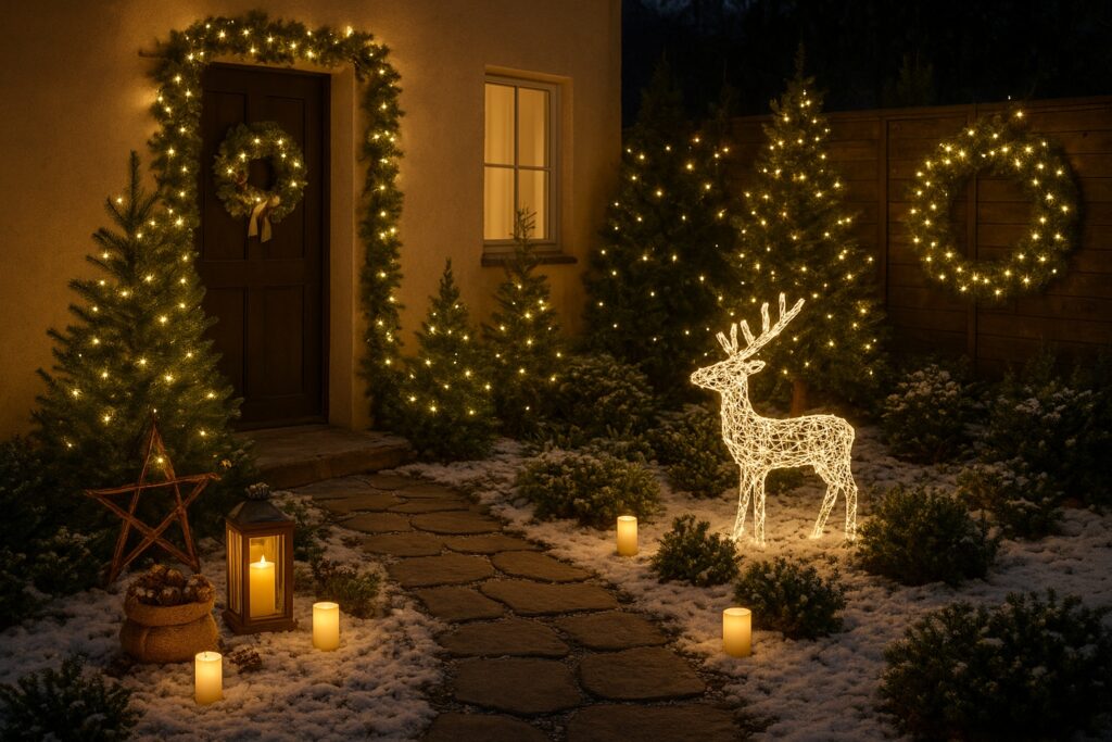 Warmly lit Christmas garden scene with LED reindeer sculpture, evergreen trees covered in fairy lights, candles along the pathway and holiday wreaths on the door and fence.