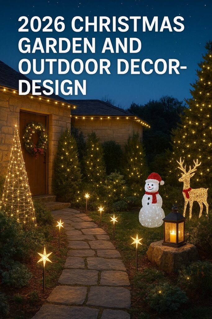 Christmas garden pathway decorated with star-shaped LED lights, a glowing snowman, illuminated reindeer figure and festive outdoor lighting for 2026 holiday design.