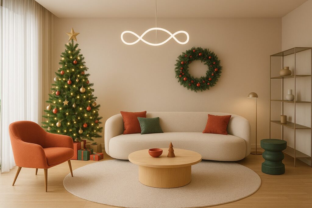 2026 modern Christmas living room decor featuring a minimalist beige sofa, decorated Christmas tree with warm lights, holiday wreath on the wall, and cozy festive accents in red and green.