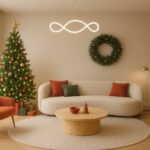 2026 modern Christmas living room decor featuring a minimalist beige sofa, decorated Christmas tree with warm lights, holiday wreath on the wall, and cozy festive accents in red and green.