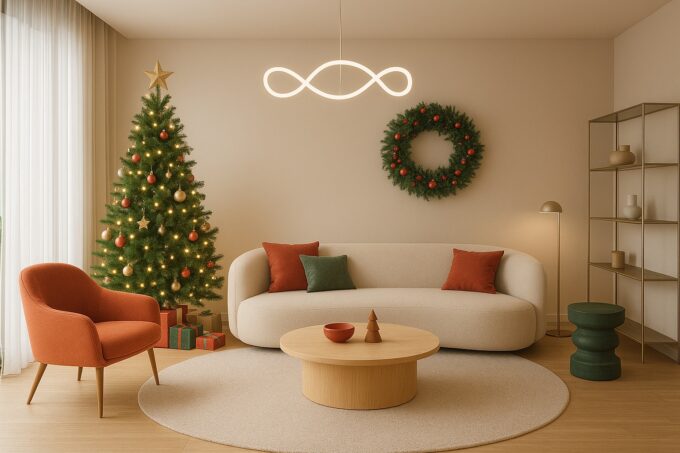 2026 modern Christmas living room decor featuring a minimalist beige sofa, decorated Christmas tree with warm lights, holiday wreath on the wall, and cozy festive accents in red and green.