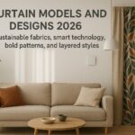 Modern living room featuring 2026 curtain designs with sustainable botanical-patterned drapes, neutral beige curtains, minimalist furniture, and natural décor elements.