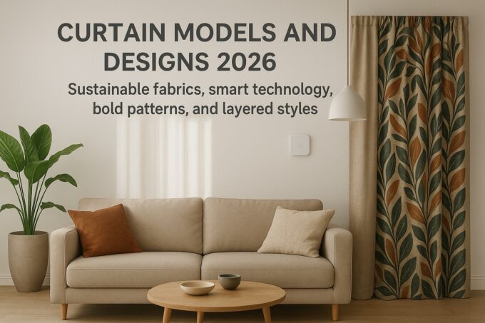 Modern living room featuring 2026 curtain designs with sustainable botanical-patterned drapes, neutral beige curtains, minimalist furniture, and natural décor elements.