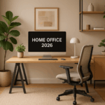 Modern home office setup with a wood desk, ergonomic chair, plants, and a “Home Office 2026” screen.