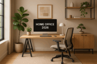 Modern home office setup with a wood desk, ergonomic chair, plants, and a “Home Office 2026” screen.