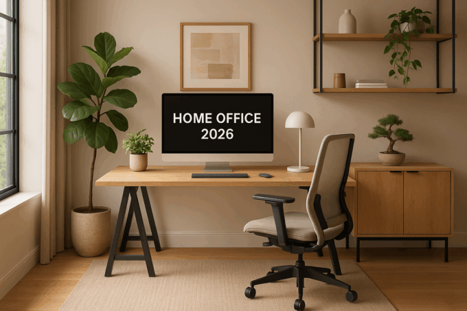 Modern home office setup with a wood desk, ergonomic chair, plants, and a “Home Office 2026” screen.