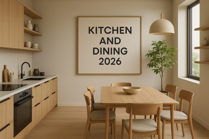 Modern kitchen and dining area with light wood furniture, neutral tones, and a large “Kitchen and Dining 2026” wall art.