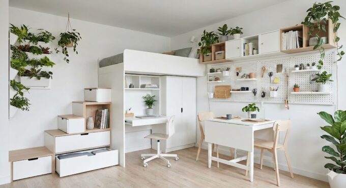 Small space solutions with multifunctional furniture and smart storage ideas in a compact living area