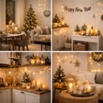 Small apartment New Year decoration ideas with warm lighting, compact Christmas trees, candle arrangements, and elegant gold accents creating a cozy holiday atmosphere.