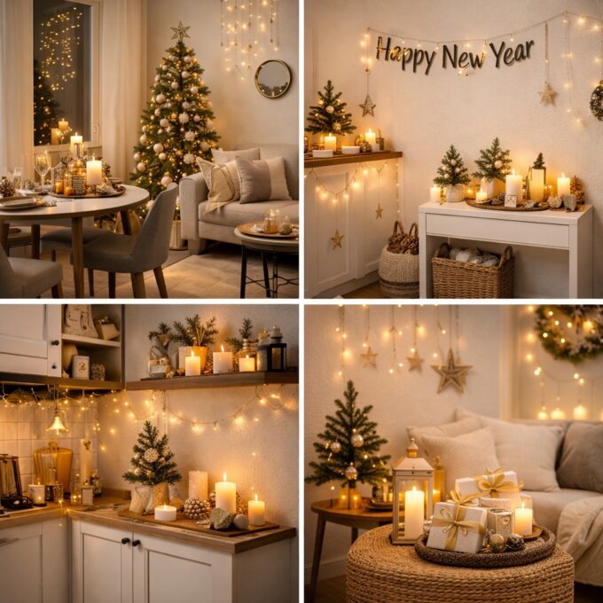 Small apartment New Year decoration ideas with warm lighting, compact Christmas trees, candle arrangements, and elegant gold accents creating a cozy holiday atmosphere.