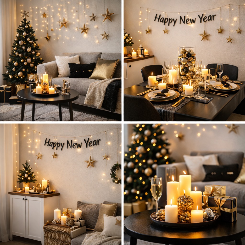 Small apartment New Year decoration ideas in black and gold tones featuring elegant candle arrangements, compact Christmas trees, and stylish festive table settings.