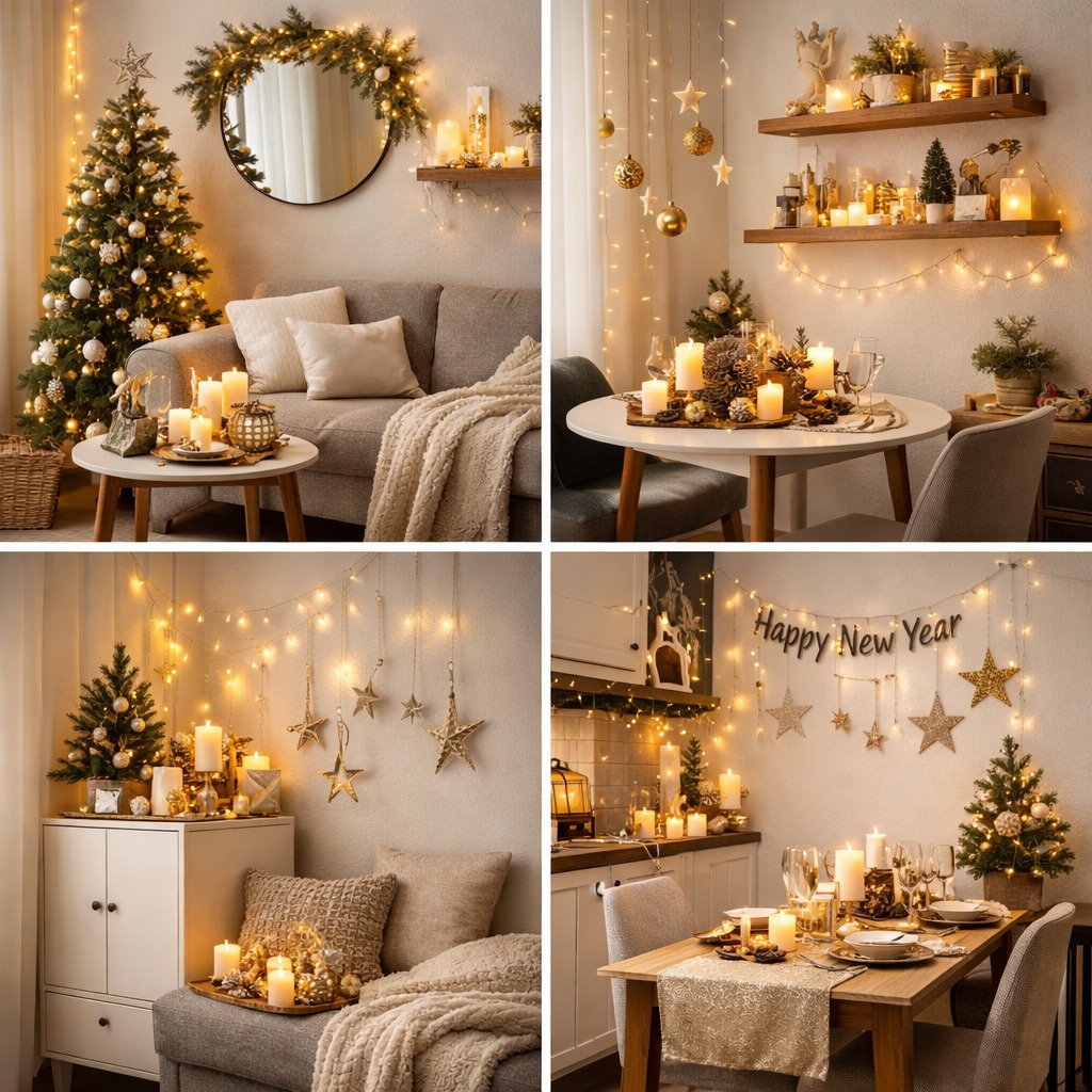 Small apartment New Year decoration ideas featuring cozy lighting, minimalist furniture, slim Christmas trees, and festive table settings designed to create a warm and stylish holiday atmosphere.