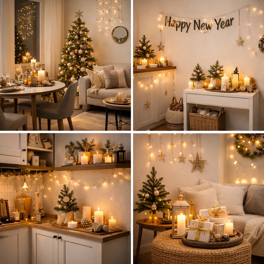 Small apartment New Year decoration ideas with warm lighting, compact Christmas trees, candle arrangements, and elegant gold accents creating a cozy holiday atmosphere.