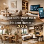 Top interior design trends for modern homes in 2026 featuring minimalist living room, smart home technology, natural materials, and multifunctional spaces