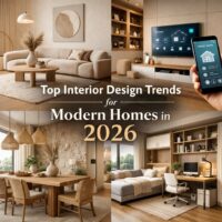 Top interior design trends for modern homes in 2026 featuring minimalist living room, smart home technology, natural materials, and multifunctional spaces