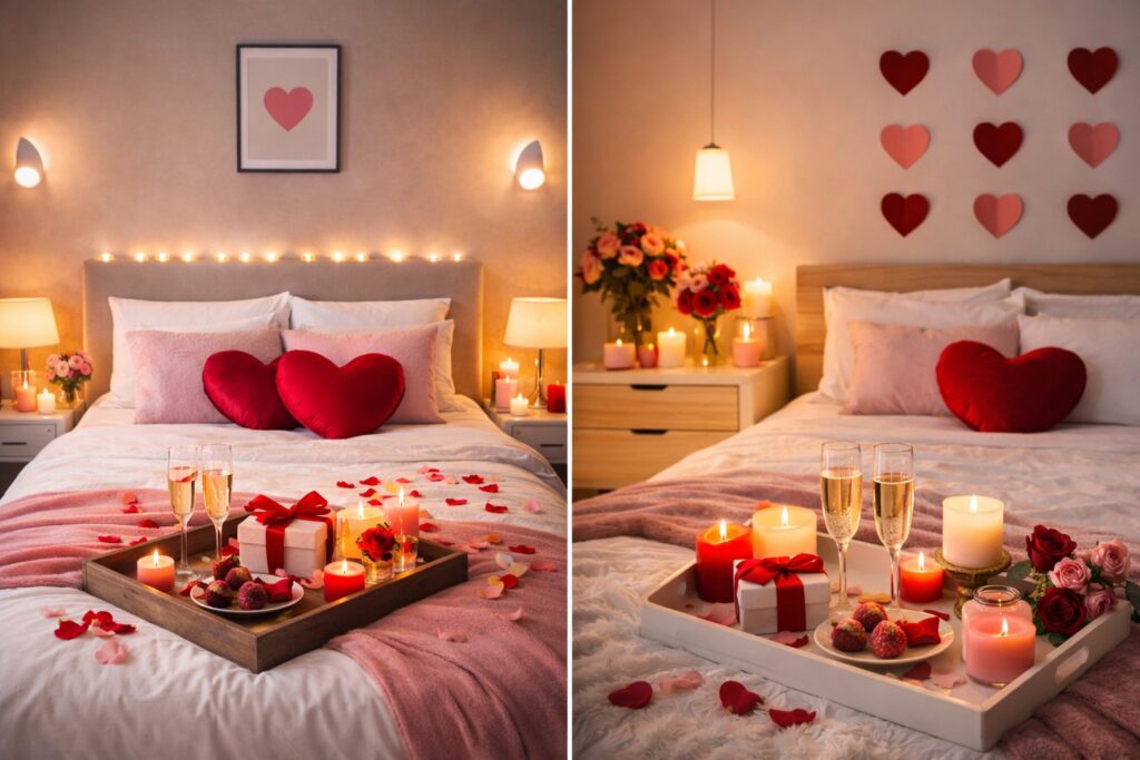 Two modern and minimalist Valentine’s Day bedroom scenes featuring soft pink and white bedding, heart-shaped cushions, ambient wall lighting, candles, floral arrangements, and a decorative tray with gifts, desserts, and champagne. The overall atmosphere is clean, contemporary, and romantic.