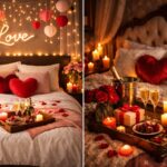 A romantic Valentine’s Day bedroom setup featuring two different styles: the left side shows a modern bedroom with heart-shaped pillows, soft pink décor, fairy lights, and rose petals on the bed; the right side displays a vintage-style bedroom with candles, red roses, champagne, and a luxurious heart-shaped cushion.