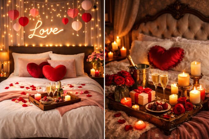 A romantic Valentine’s Day bedroom setup featuring two different styles: the left side shows a modern bedroom with heart-shaped pillows, soft pink décor, fairy lights, and rose petals on the bed; the right side displays a vintage-style bedroom with candles, red roses, champagne, and a luxurious heart-shaped cushion.