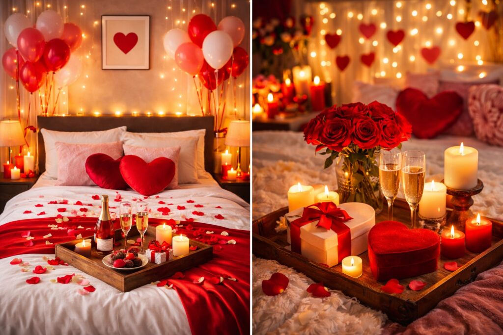 A romantic Valentine’s Day bedroom scene featuring heart-shaped pillows, red and white balloons, fairy lights, rose petals, candles, champagne glasses, and gift boxes arranged on a wooden tray. The atmosphere is warm, festive, and intimate with glowing ambient lighting.