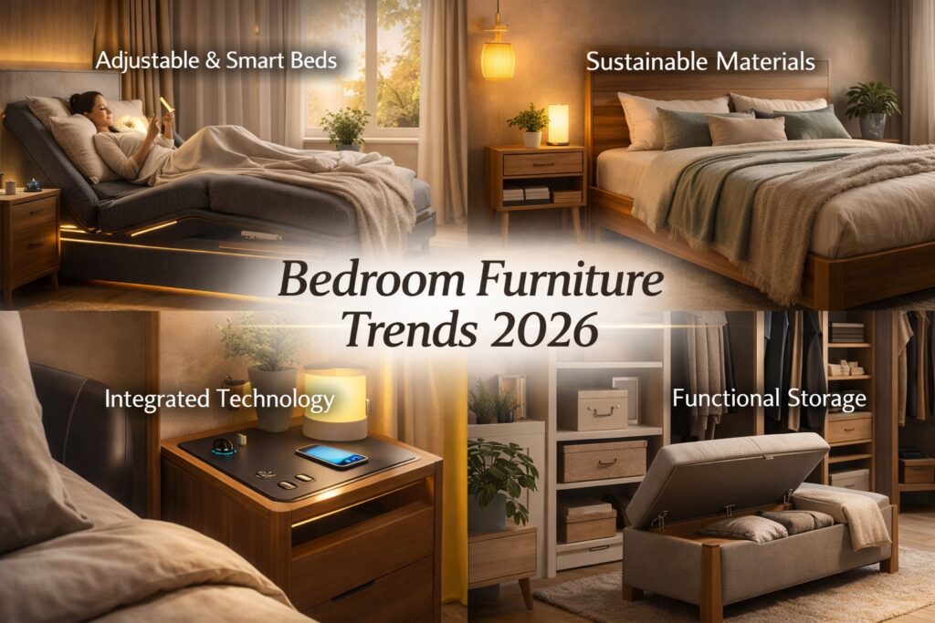 Modern bedroom interior showcasing 2026 bedroom furniture trends, including smart adjustable beds, sustainable wooden furniture, integrated bedside technology, and functional storage solutions for comfort and wellness.