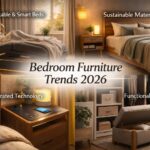 Modern bedroom interior showcasing 2026 bedroom furniture trends, including smart adjustable beds, sustainable wooden furniture, integrated bedside technology, and functional storage solutions for comfort and wellness.