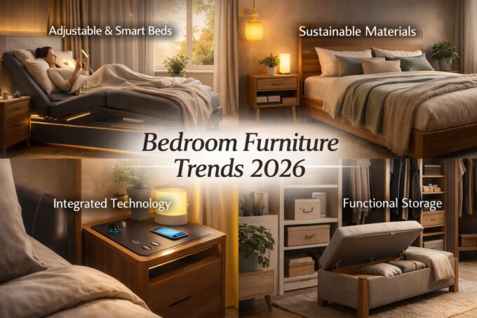 Modern bedroom interior showcasing 2026 bedroom furniture trends, including smart adjustable beds, sustainable wooden furniture, integrated bedside technology, and functional storage solutions for comfort and wellness.